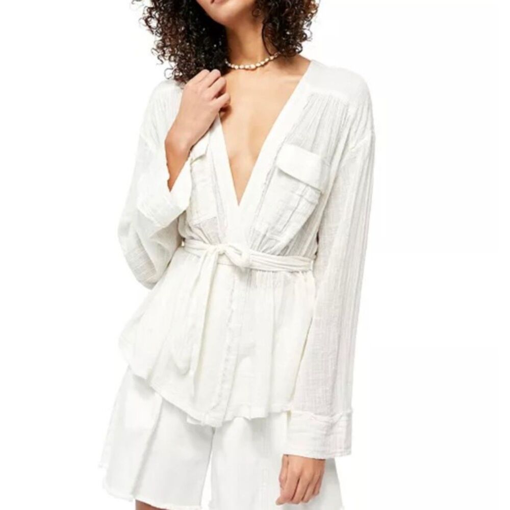 Free People Ivory Sheer Safari Wrap Blouse Size XS Lagenlook Boho Lightweight